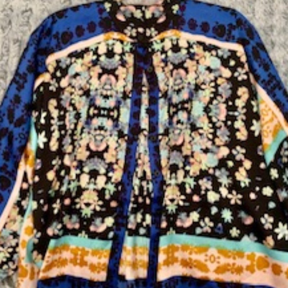 Rachel Roy Blue Floral 3/4 Sleeve Button Up Sz XL